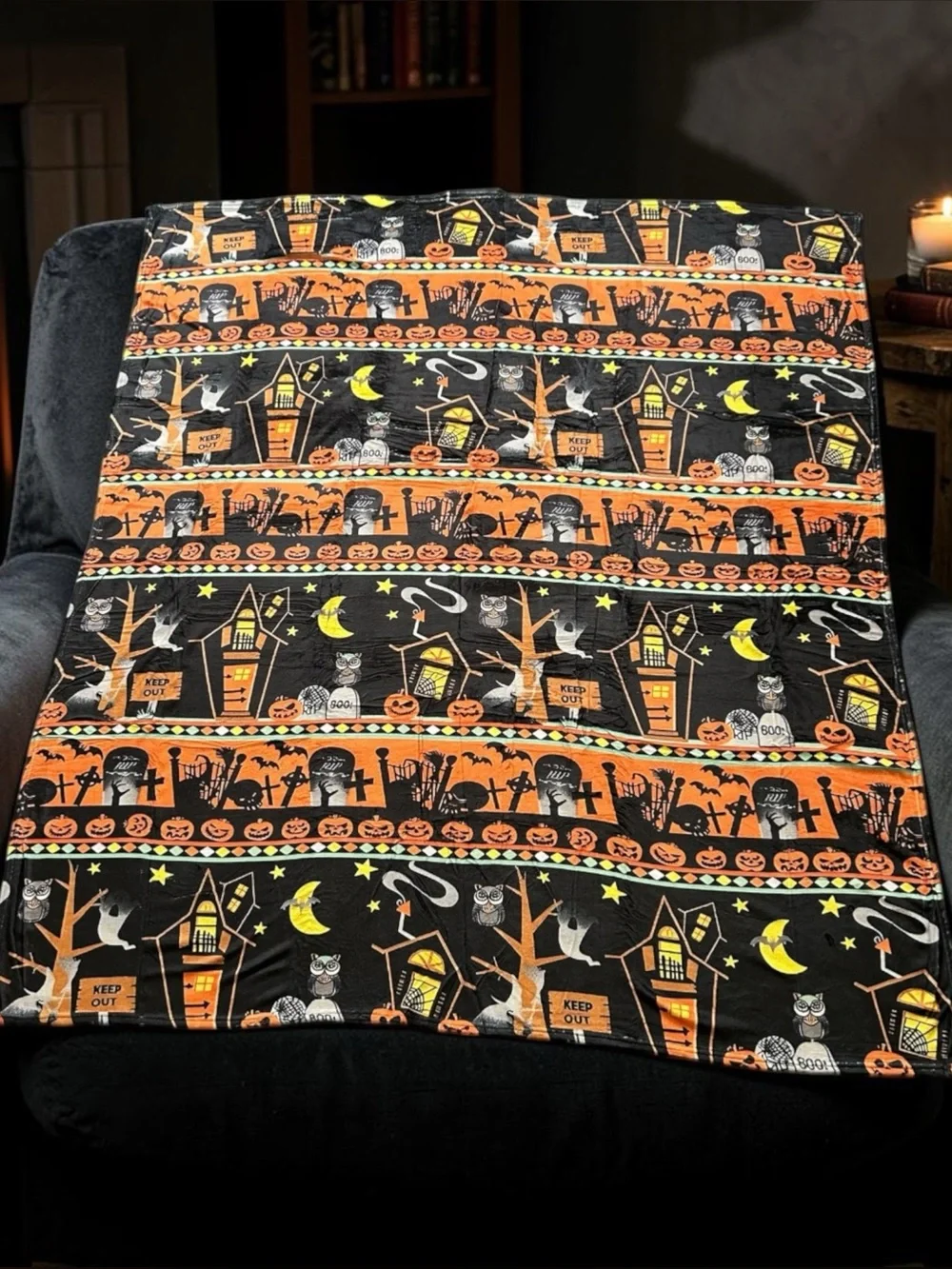 Halloween Pumpkin Print Plush Throw Blanket - Black & Orange